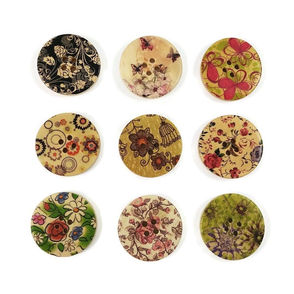 6 floral wooden buttons, 30mm sewing buttons, Cute buttons for knitting, Natural craft supplies