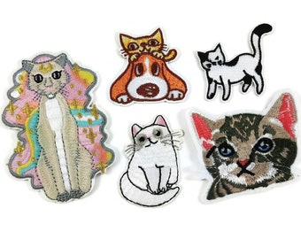 Cat iron on patch bundle, Embroidered sew on patches, Pet lover appliques