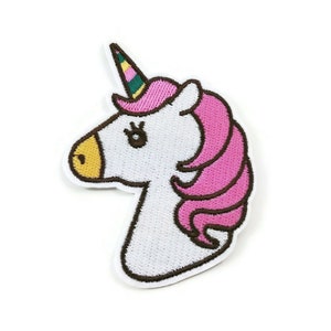Peut inclure: Patch brodé blanc représentant une licorne avec une crinière rose et une corne jaune, verte et rose.