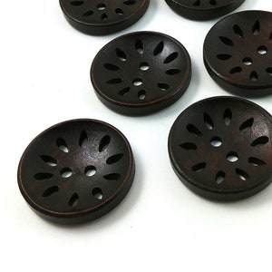 6 hollow flower buttons, 25mm wood sewing buttons, Unique knitting buttons, 1 inch dark wooden buttons