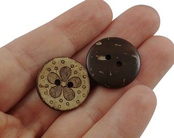 Brown flower coconut buttons, 20mm rustic wooden buttons, 6 natural round sewing buttons