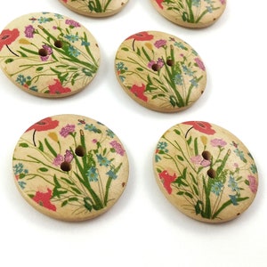 Spring flower sewing buttons, 30mm natural wooden buttons, 6 botanical craft buttons