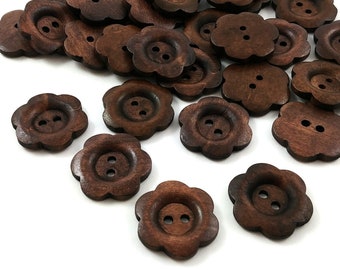 25mm flower shape buttons, Novelty wooden sewing buttons, 1 inch dark brown knitting buttons