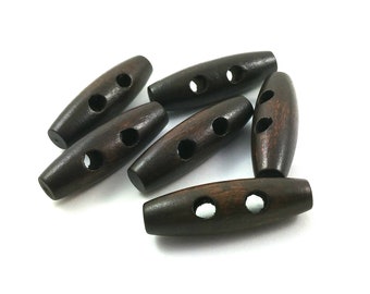 Brown toggle buttons, 6 wooden buttons 35mm, Horn buttons for knitting, Dark wood toggle buttons