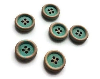 15mm wooden buttons, Aqua green buttons, 4 holes sewing buttons, 6 buttons for knitting