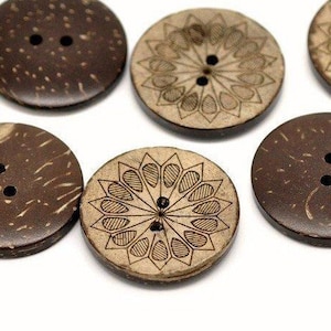 6 coconut shell buttons, 28mm sunflower sewing buttons, Brown botanical wooden buttons image 1