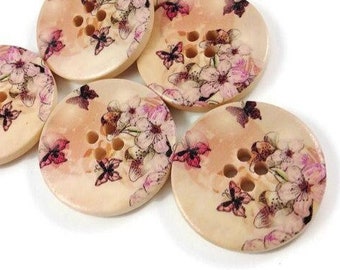 Bouton de bois avec motif floral et papillons - ensemble de 6 boutons de 3cm