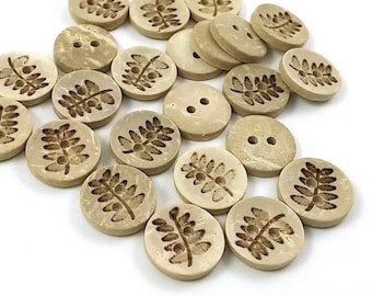 10 coconut shell buttons, 12mm rustic fern sewing buttons, Small botanical wooden buttons