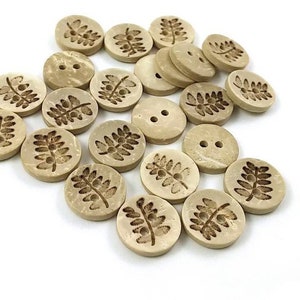 10 coconut shell buttons, 12mm rustic fern sewing buttons, Small botanical wooden buttons