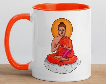 Knitting Buddha mug, Funny zen meditation art, Mother's day, Grandma birthday gift