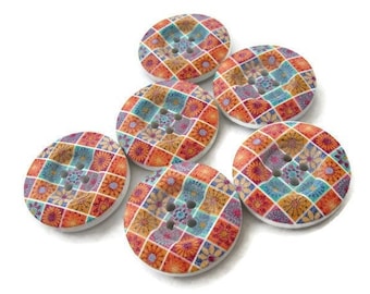 Flower patchwork wood buttons - 23mm painted sewing button - 6 wooden buttons for knitting