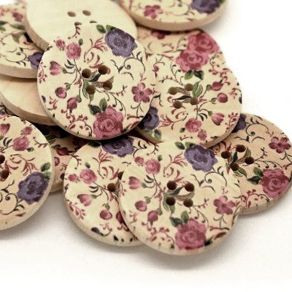 6 floral wooden buttons, Cottage wood buttons, 30mm sewing buttons, Botanical knitting buttons