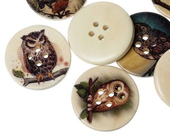 Owl wooden sewing buttons - 6 mixed woodland craft buttons