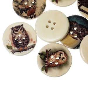 Owl wooden sewing buttons - 6 mixed woodland craft buttons