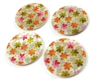 4 Mother of pearl shell buttons, 30mm floral sewing buttons