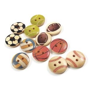 12 Ball sports sewing buttons, 15mm wooden buttons, Cute buttons for soccer, baseball and tennis lovers