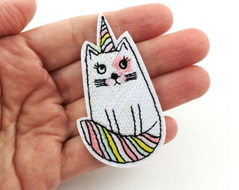 Cat unicorn iron on patch, Cute embroidered patch, Funny sew on patch