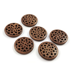 Carved wooden buttons, 25mm sewing buttons, 6 hollow flower buttons, Unique knitting buttons, 1 inch wood buttons