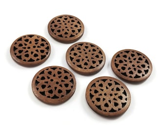 Carved wooden buttons, 25mm sewing buttons, 6 hollow flower buttons, Unique knitting buttons, 1 inch wood buttons