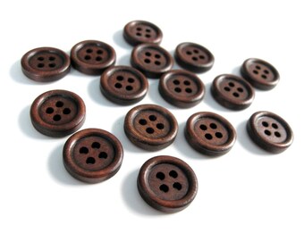 15mm wooden buttons, Dark brown shirt buttons, 4 holes sewing buttons, set of 15 or 60