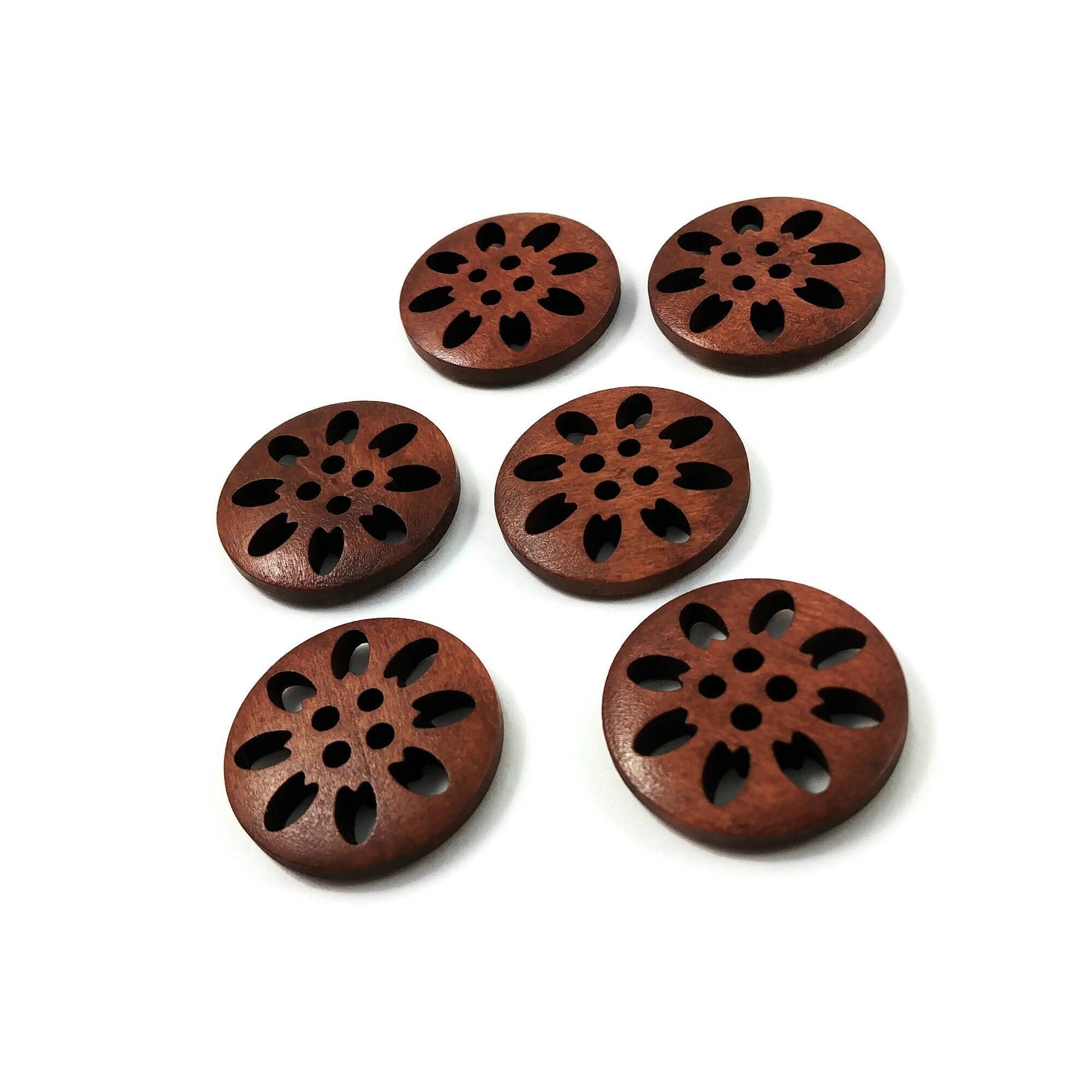 6 hollow flower buttons, 25mm wood sewing buttons, Unique knitting buttons, 1 inch natural wooden buttons