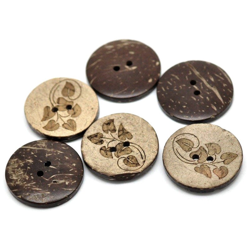 6 coconut shell buttons, 28mm sunflower sewing buttons, Brown botanical wooden buttons image 4