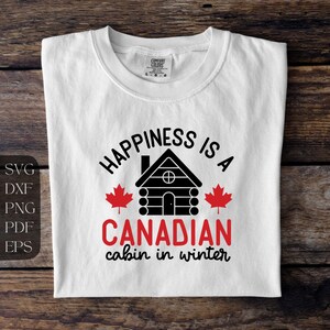 La felicidad es una cabaña canadiense en invierno SVG, archivo de corte de invierno, PNG para imprimir, descarga instantánea, hoja de arce
