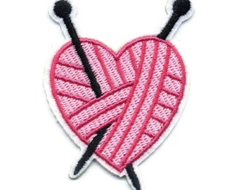 Knitting iron on patch, Pink embroidered patch, I love knitting sew on patch, Yarn Patch for Knitter