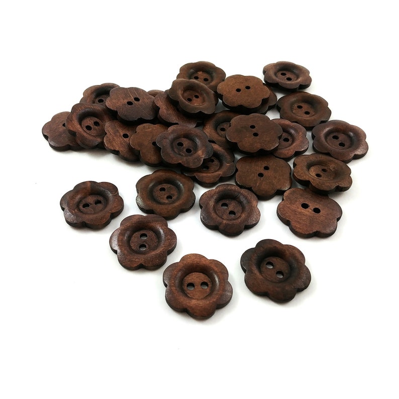25mm flower shape buttons, Novelty wooden sewing buttons, 1 inch dark brown knitting buttons image 1