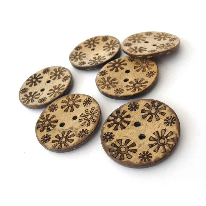 6 coconut shell buttons, 28mm sunflower sewing buttons, Brown botanical wooden buttons image 7