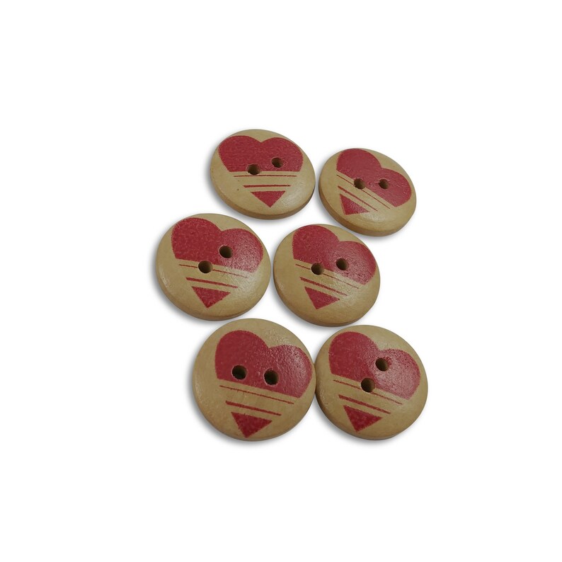 6 Red Heart Sewing Buttons, 20mm Wooden Buttons, Decorative Natural ...