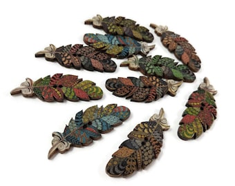 Boho feather wood sewing buttons - 6 Mixed Patterns scrapbooking buttons