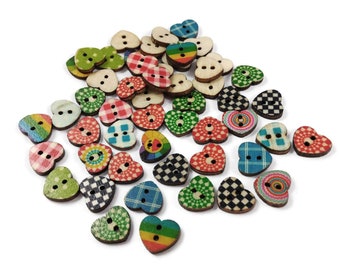 Heart shapes 25 Mixed Colors Buttons - Wood sewing buttons 15mm