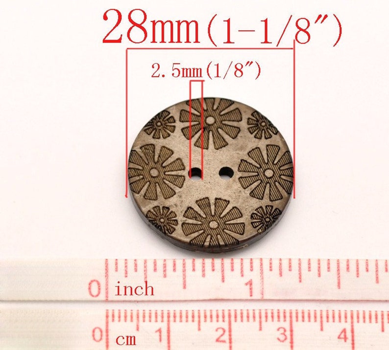 6 coconut shell buttons, 28mm sunflower sewing buttons, Brown botanical wooden buttons image 9