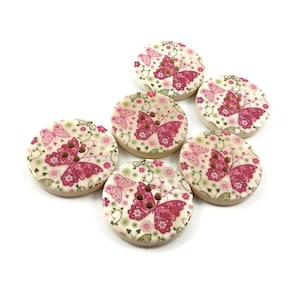 6 butterfly wooden buttons, 30mm sewing buttons, Pink floral wood buttons, Natural craft supplies