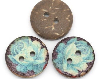 6 floral wooden buttons, 15mm coconut sewing buttons, Cute buttons for knitting, Natural craft supplies