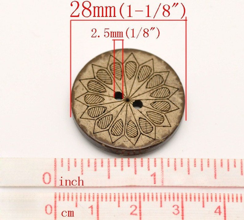 6 coconut shell buttons, 28mm sunflower sewing buttons, Brown botanical wooden buttons image 3
