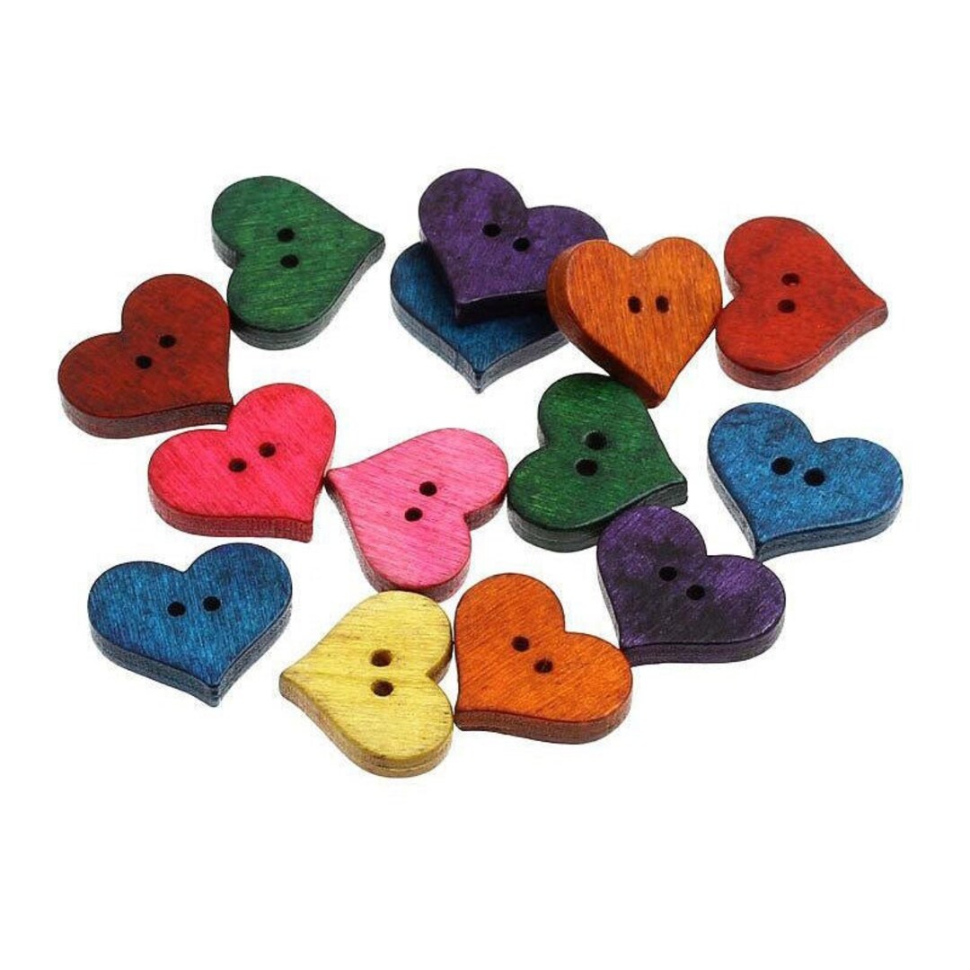 25 Colorful Wood Heart Buttons, Heart Shape Mixed Buttons, Wooden ...