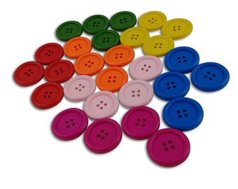 30mm wooden colorful buttons - Set of 4 wood sewing buttons - Pink, Yellow, Blue, Green, Red, Orange, Fushia