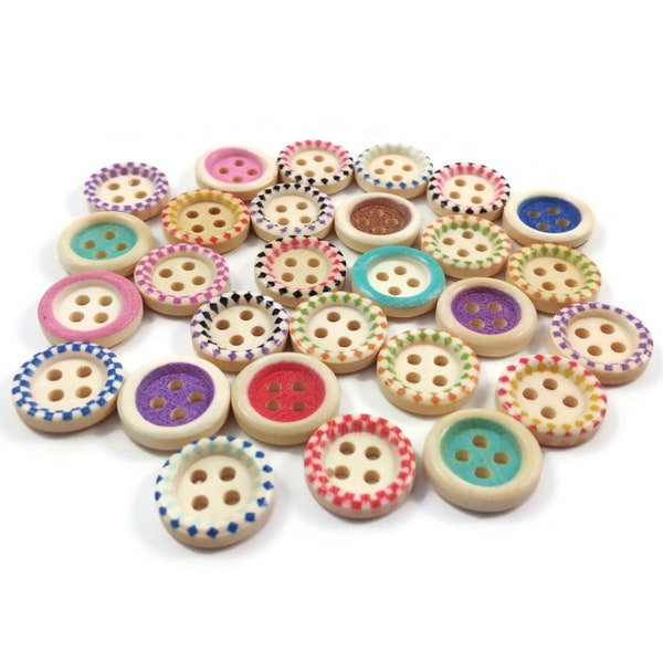25 mixed color buttons, 15mm assorted wooden buttons, Decorative craft sewing buttons