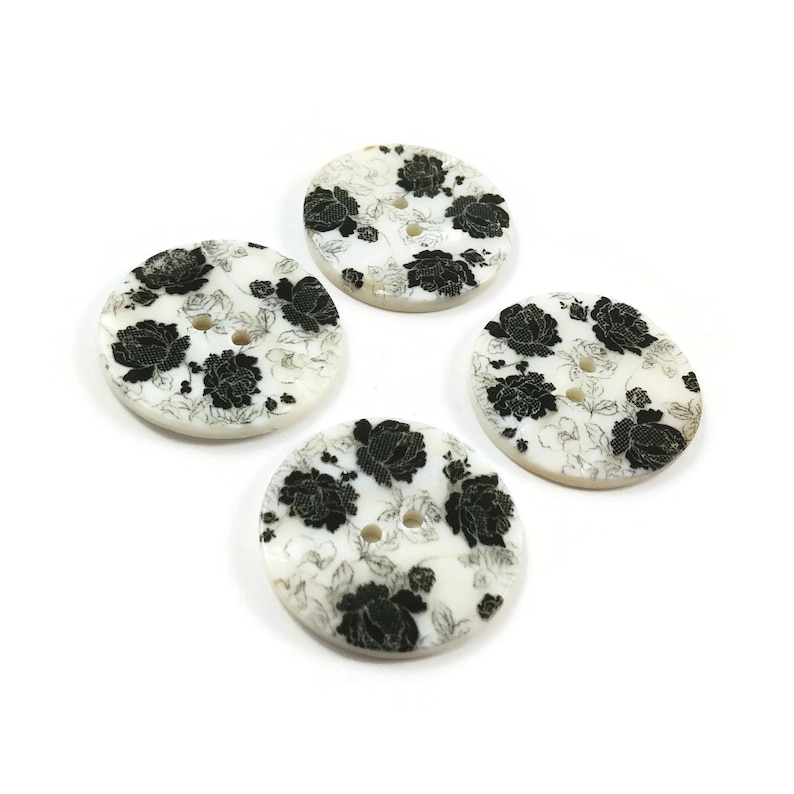 4 Mother of pearl shell buttons, 30mm floral sewing buttons, Natural black flower buttons image 1