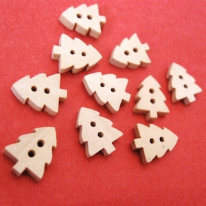 May include: Ten wooden Christmas tree buttons in a light brown colour. Each button has two holes and a simple design.