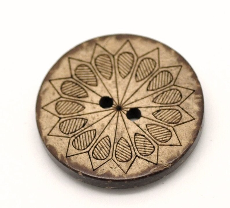 6 coconut shell buttons, 28mm sunflower sewing buttons, Brown botanical wooden buttons image 2