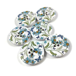 6 daisy flower wooden buttons, 30mm sewing buttons, Blue and white floral knitting buttons, Cute craft supplies