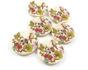 6 bird wooden buttons, Floral wood buttons, 30mm sewing buttons, Botanical knitting buttons