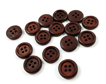 15mm wooden buttons, Reddish brown shirt buttons, 4 holes sewing buttons, set of 15 or 60