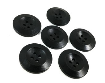 Black wooden buttons, 30mm sewing buttons, 6 craft knitting buttons