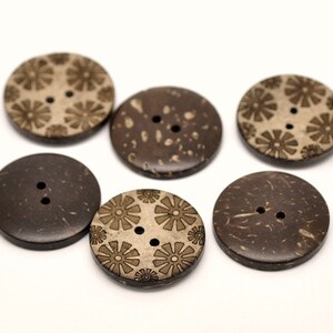 6 coconut shell buttons, 28mm sunflower sewing buttons, Brown botanical wooden buttons image 8