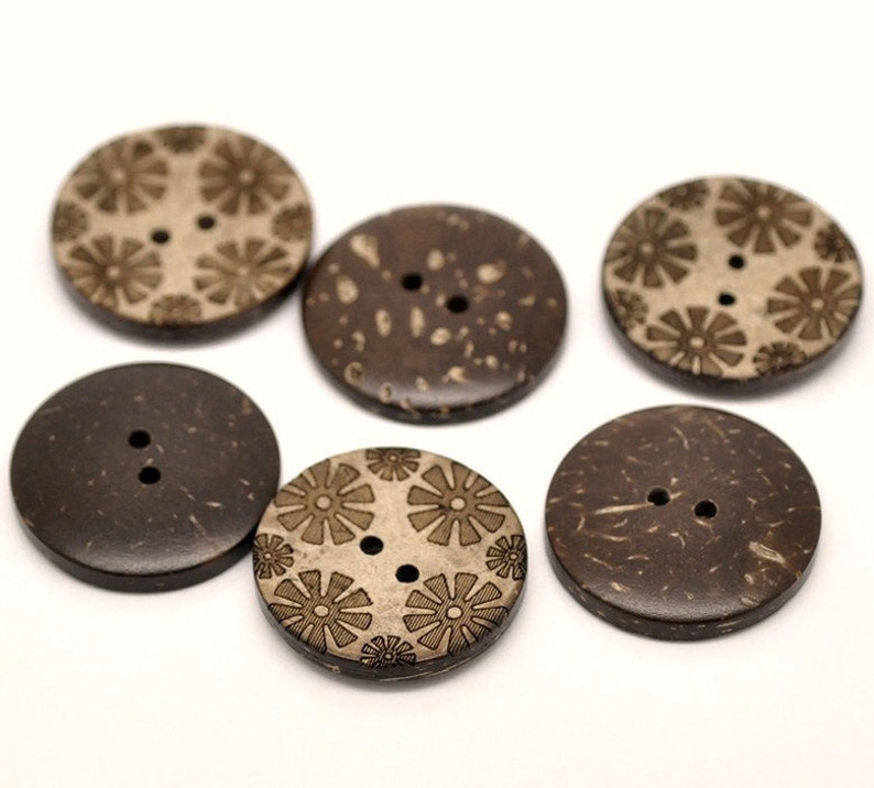 6 coconut shell buttons, 28mm sunflower sewing buttons, Brown botanical wooden buttons image 8