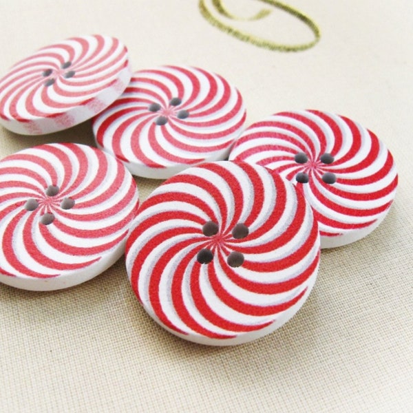 5 candy cane buttons, Christmas buttons for sewing, 30mm peppermint buttons, Red and white